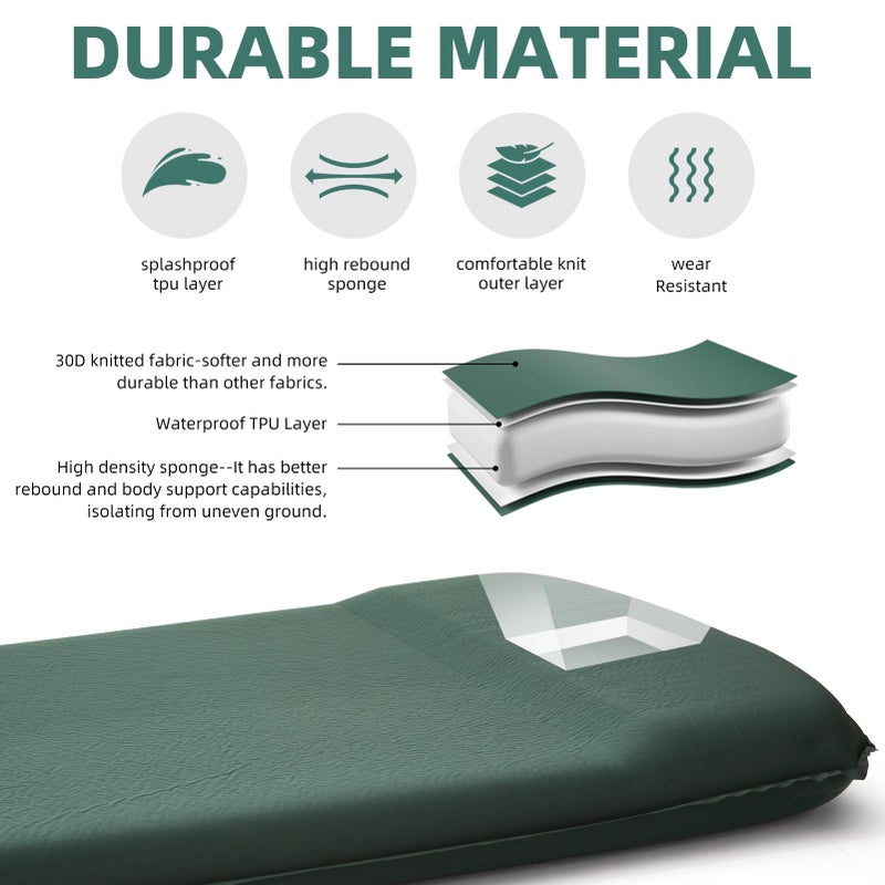 INVOKER 3.15" Self Inflating Camping Sleeping Pad, Ultra-Thick Elasticity Foam Fast Inflating 4-Season Insulated Durable Camping Mat Air Mattress with Pillow, for Tent, Car, Camping, Traveling, Green - Image 4